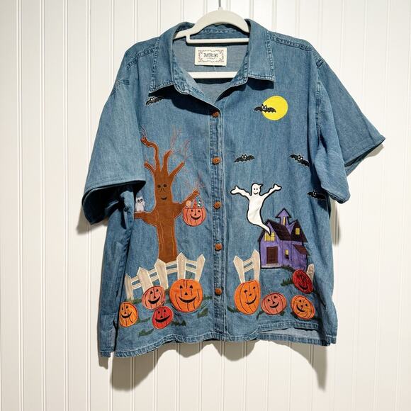 Tantrums Tops - Vintage Tantrums Halloween Denim Shirt Ghosts Pumpkins Haunted House Size 2X